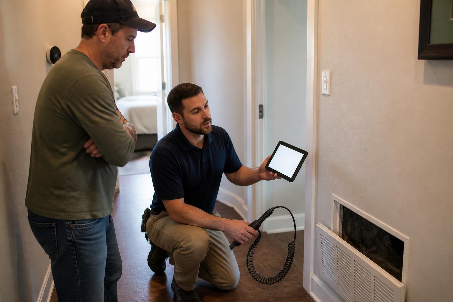 Licensed provider showing a Houston homeowner the inspection camera view of their air duct